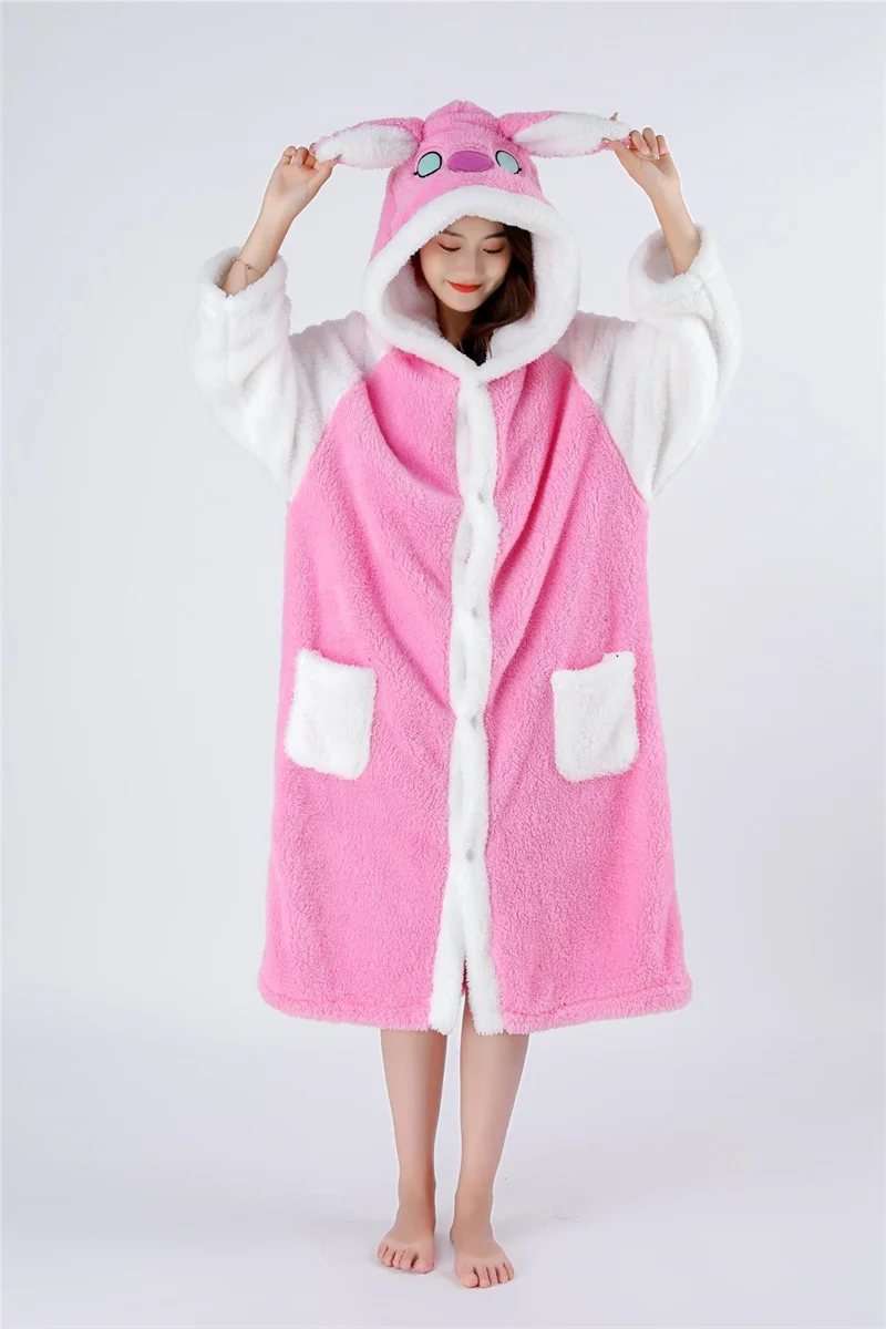 Women Flannel Hooded Nightdress Loose Size Skirt Sleepwear Lady Full-Sleeve Sweet Cartoon Nightwear Winter Fashion Clothes