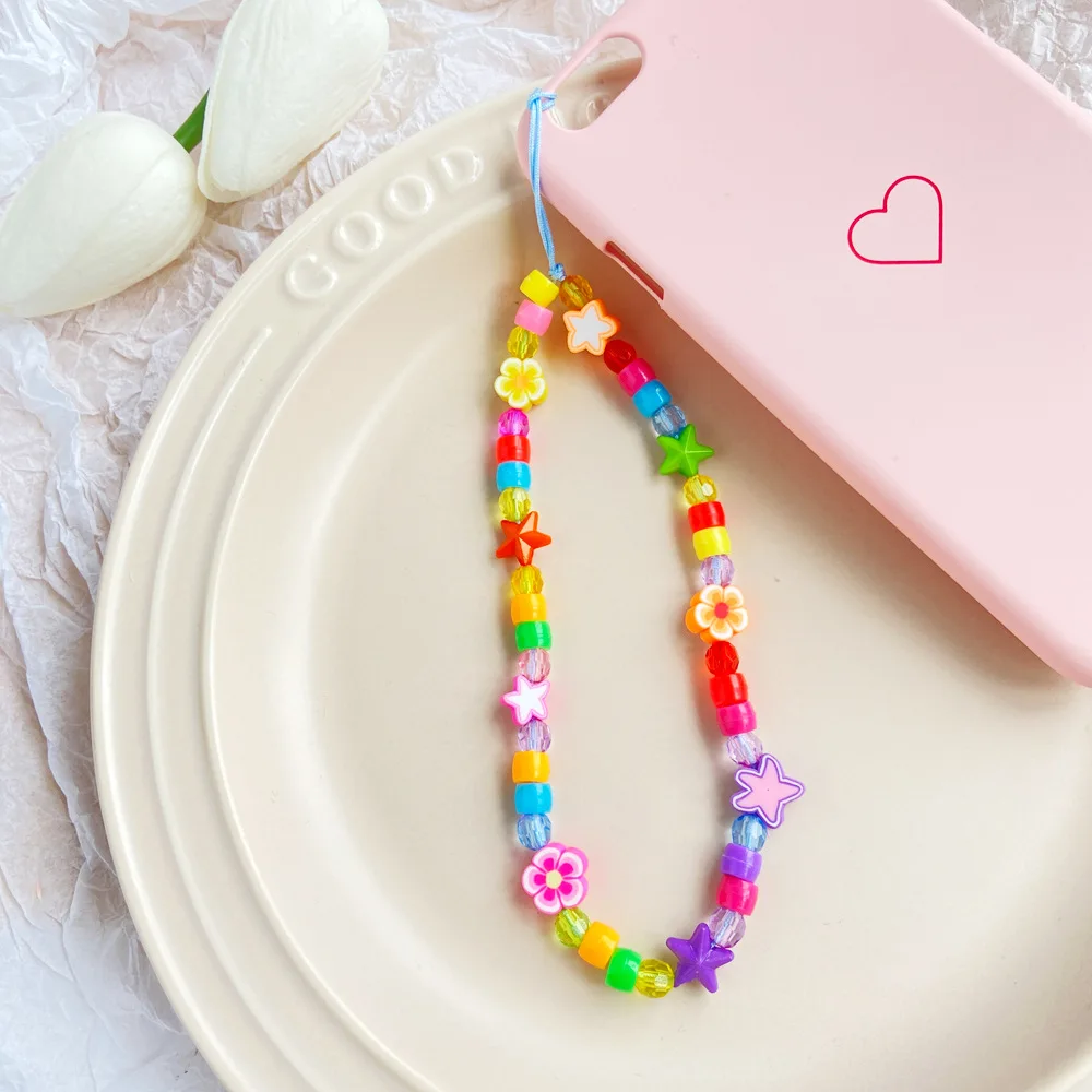 

Ethnic Style Bracelets Trendy Colorful Smile Pearl Soft Pottery Star Beaded Wristband Mobile Phone Anti-Lost Straps Lanyard 2022