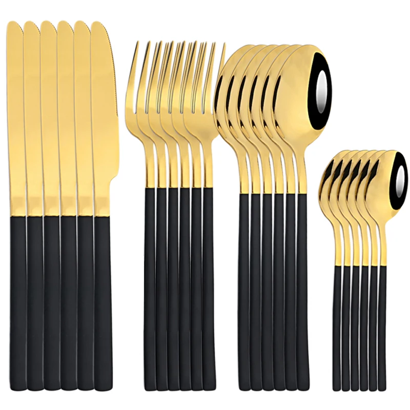 

AJOYOUS 24 Pcs Tableware Silverware Stainless Steel Cutlery Set Fork Spoon Knife 24 Pcs Dinnerware Black Gold Set Flatware