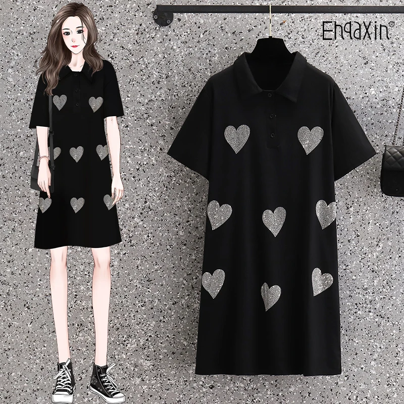 

EHQAXIN 2022 Summer New Ladies T-Shirt Dress Casual Loose Love Hot Drill Straight T-Shirt Dresses For Female M-4XL