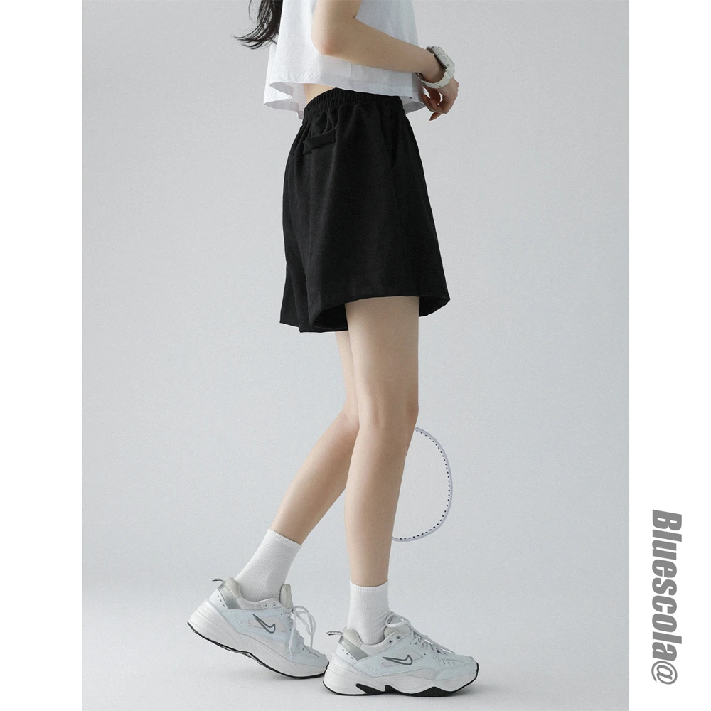 Solid Elastic Waist Basic Casual Sports Shorts Women's Ins Fashion Loose Versatile High Waist Student Wide Leg Pants Summer