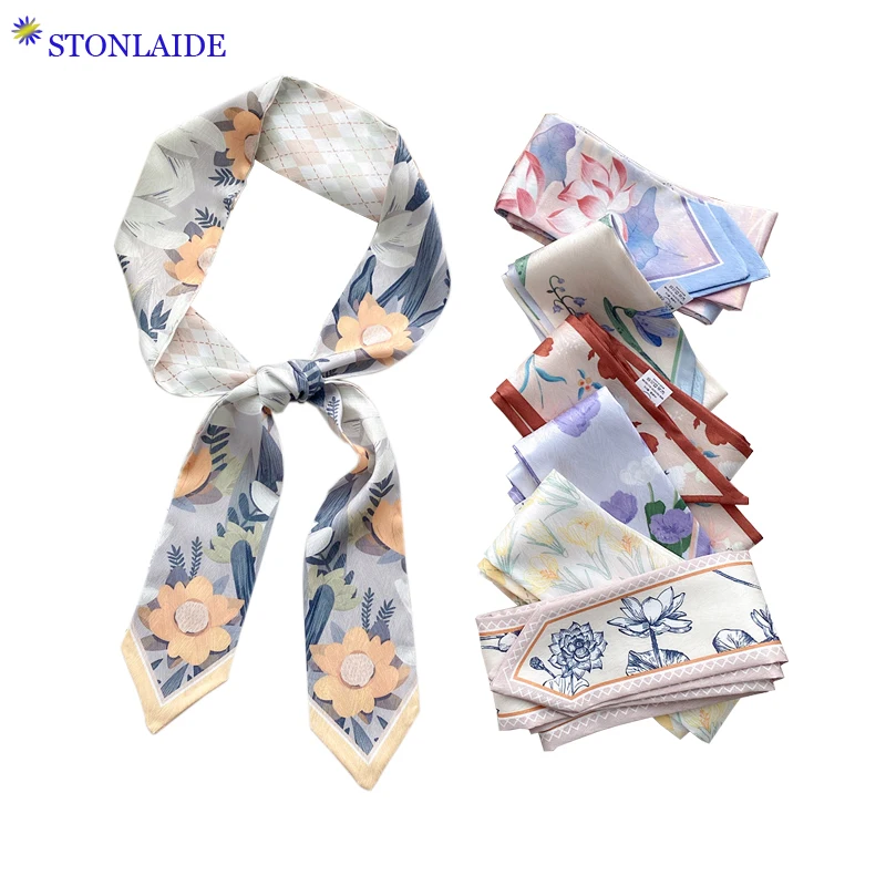 

2023 Small Long Imitation Silk Scarfs For Ladies Variety Double-Sided Printing Women Hair Bags Ribbons Chic Women Neckerchiefs