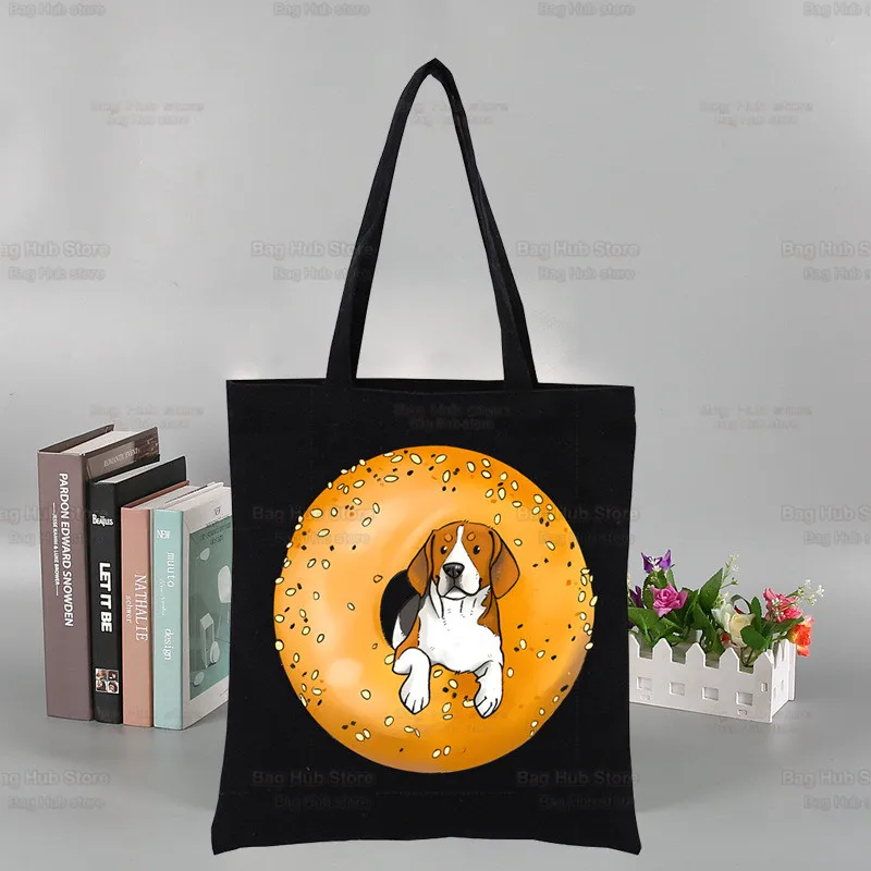 

Beagle Cartoon Black Canvas Simple Cartoon Print Shopping Bags Girls Fashion Life Casual Bagel Dog Cute Pacakge Hand Bag