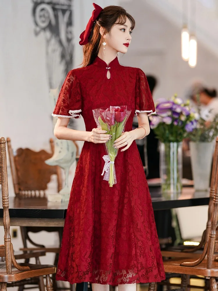 Burgundy Fashion Drop Neck Beaded Butterfly Sleeve Back Zipper A-Line Evening Dress Women Formal Gowns Robe De Soiree Cheongsam