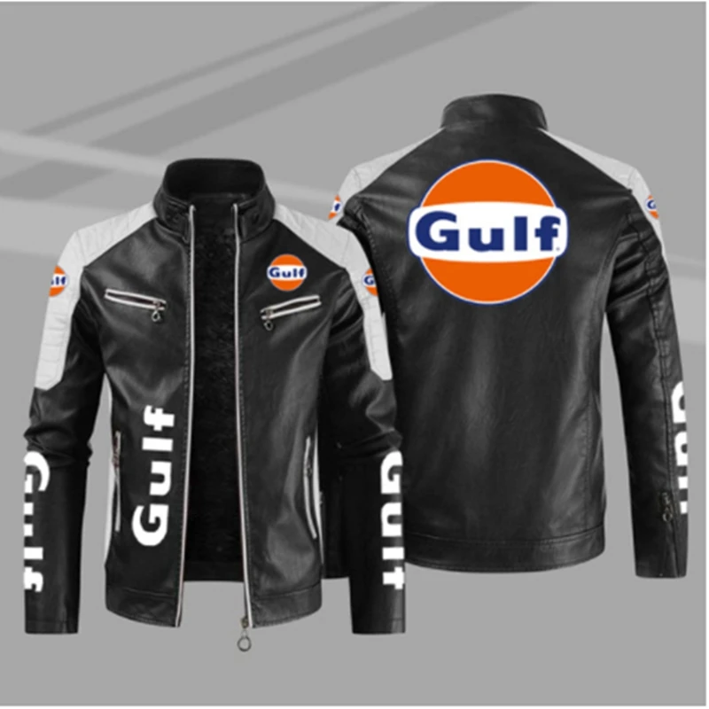 

New Men's PU Leather Winter Gulf Logo Fashion Motorcycle Bomber Zipper Long Sleeve Jacket Outwear Keep Warm Male Coat V
