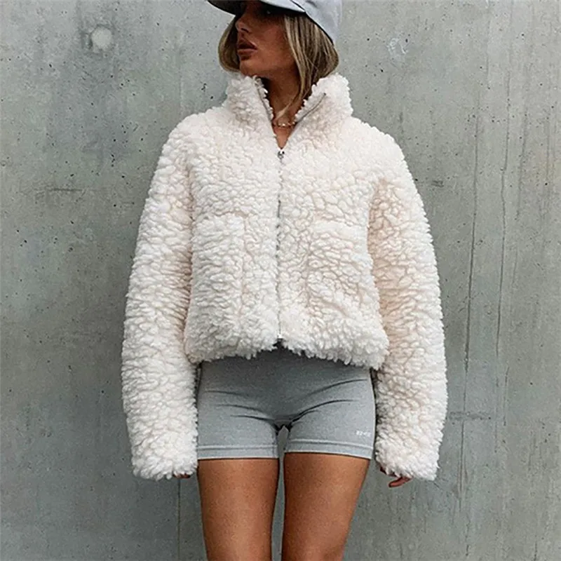 Ladies Fashion Plush Zip Cardigan Short Jacket Lambswool Jacket Ladies Spring and Autumn Elegant Stand Collar Plush white Jacket