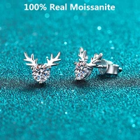 925 sterling silver antler earrings 1ct moissanite stud earrings round diamond cute elk stud earrings for women christmas gifts