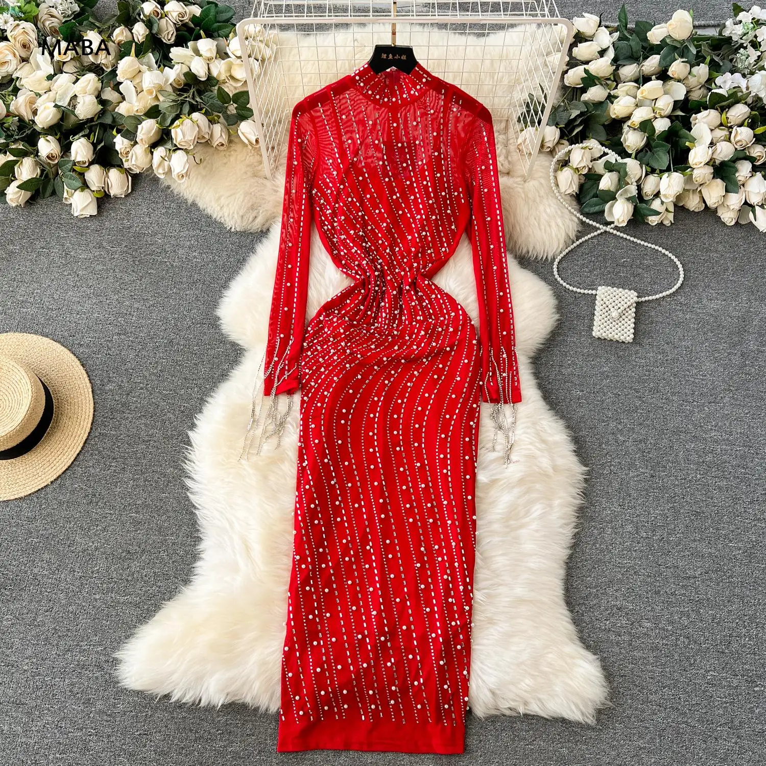

2024 New Red/black Women Diamond Party Dress Female Luxury Celebrity Stand Neck Slim Mesh Sexy See Through Club Bodycon Robe