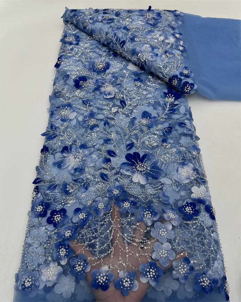 Французская кружевная ткань с 3D цветами и блестками 2024 Высококачественная