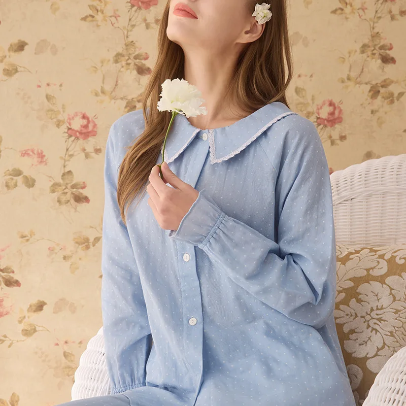 2022 New Summer 40S Double Fiber 100% Cotton Pajamas Sets Women Homewear High Quality Full Sleeve Night Sleep Pants