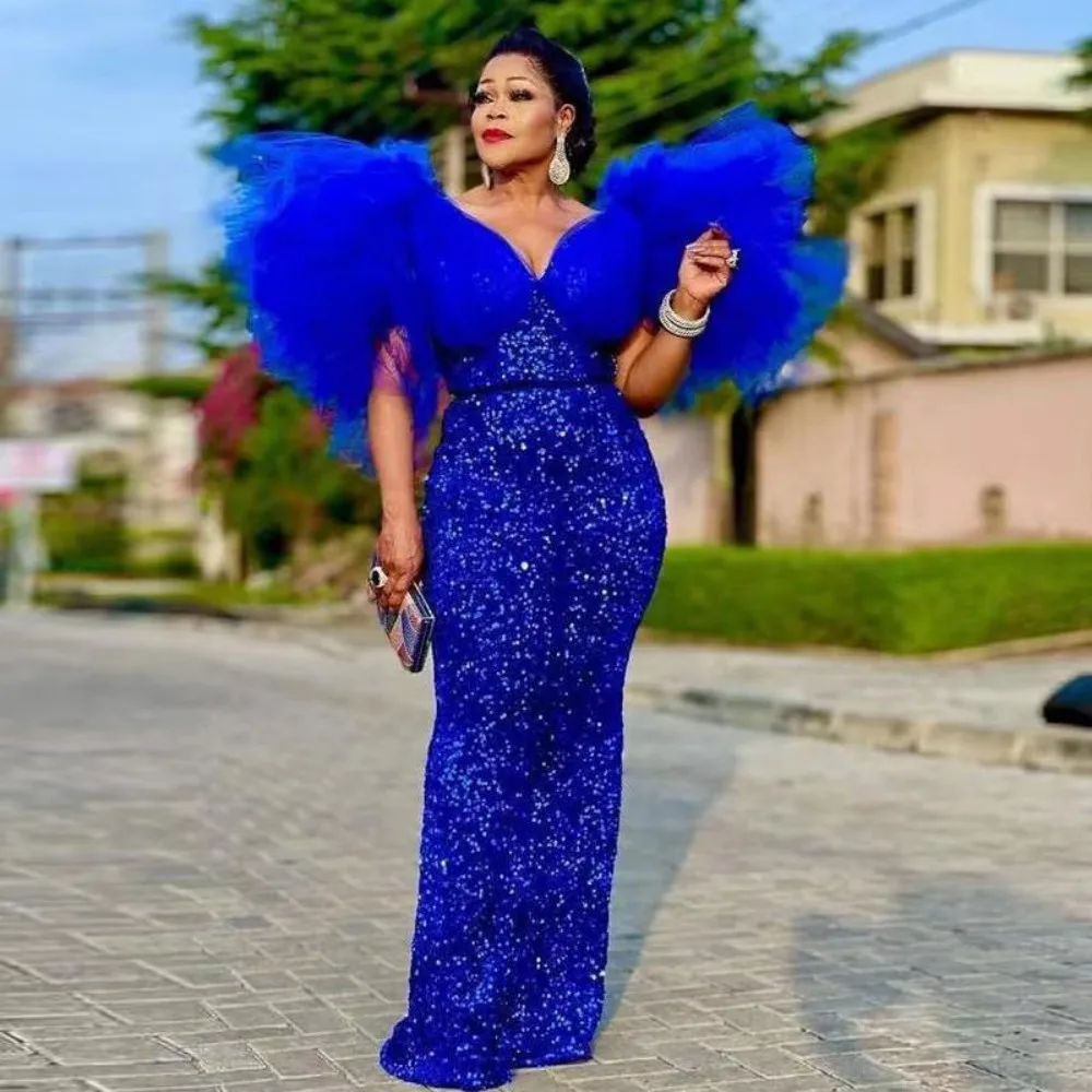 

Glitter Royal Blue V Neck Prom Dresses Aso Ebi Puffy Tulle Sleeves Plus Size Sequin Evening Party Formal Gowns Robes De Soirée