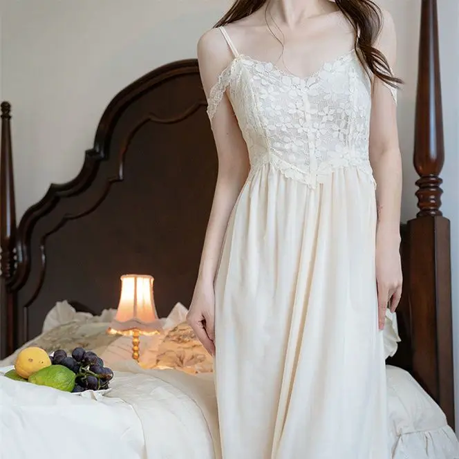Womens Sexy Slip Nightdress Autumn Princess Sleepshirts Vintage Lady Girls Nightgowns Nightdress Royal Style Pajamas Sleepwear