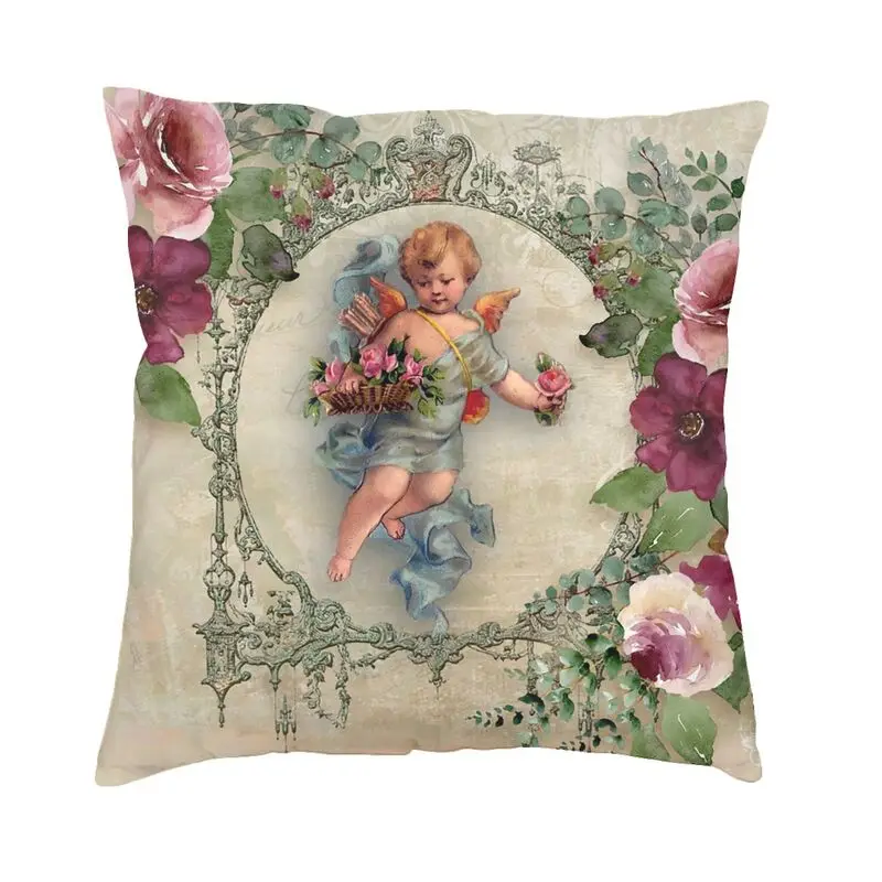 Victorian Angel Print With Vintage Rose Bouquets Shabby Chic Pillow Case 45x45cm Sofa Luxury Cushion Cover Velvet Pillowcase
