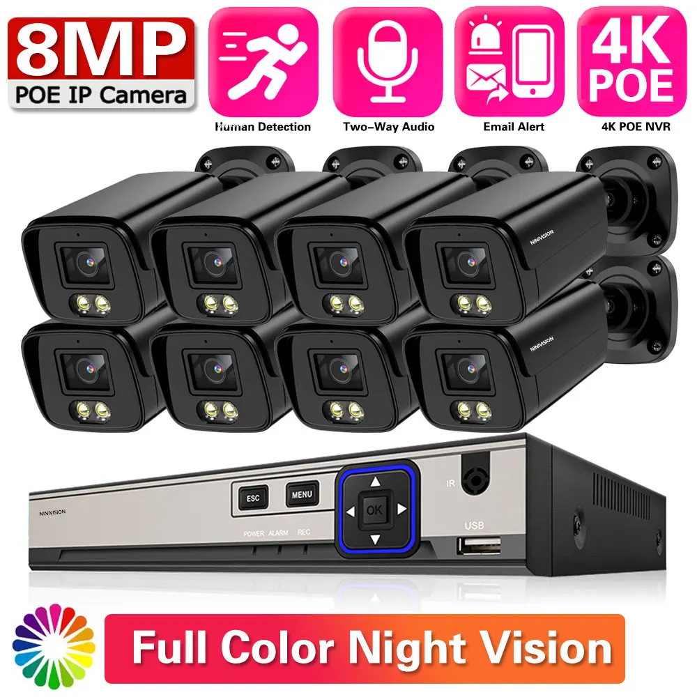 

4K 8CH POE NVR Security Camera System Kit Outdoor 8MP Color Night Vision Bullet Camera CCTV Video Surveillance Set 8CH NVR Kit