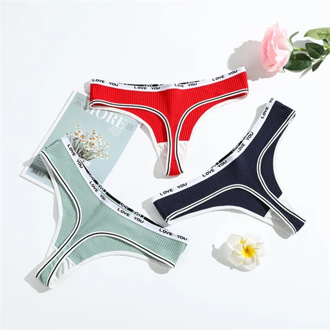 3Pcs/Lot Women's Cotton G-String Ladies Thong Letter Low-Rise Panties Underwear Screw Thread Briefs Sexy Lingerie Pants Intimate