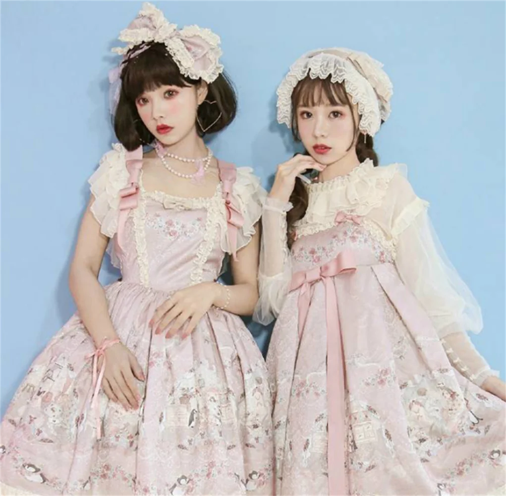 

Vintage Lace Cute Printing Bowknot Victorian Dress Cosplay Princess Sweet Lolita Dress Kawaii Girl Gothic Lolita Jsk Loli OP