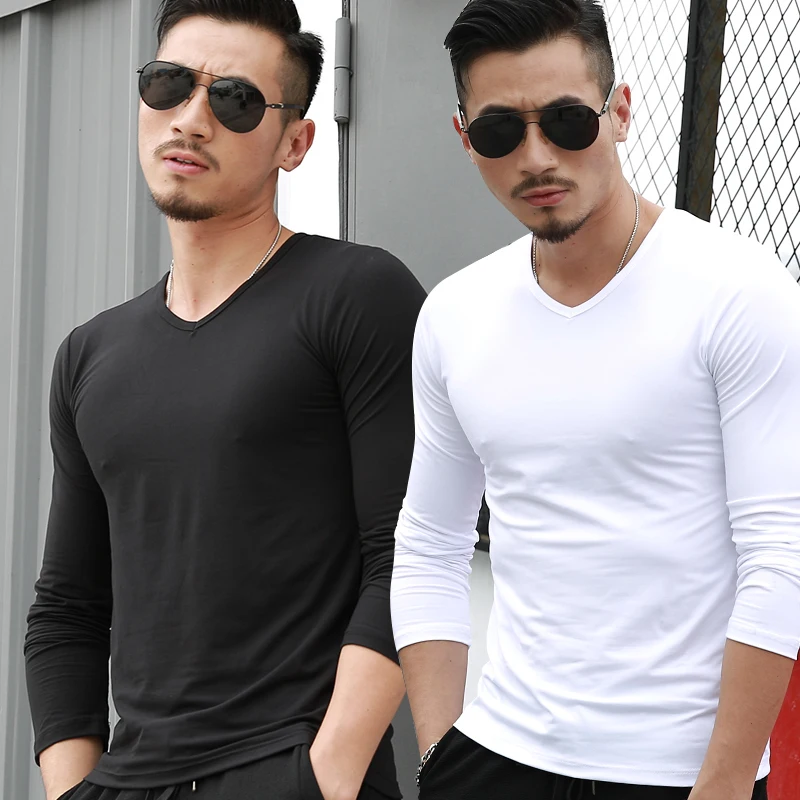 

2020 Autumn Fall Men Long Sleeve Black White V-Neck Cotton T-Shirt Male Sports Tees Casual Sweatshirts Easy Matching Clothing