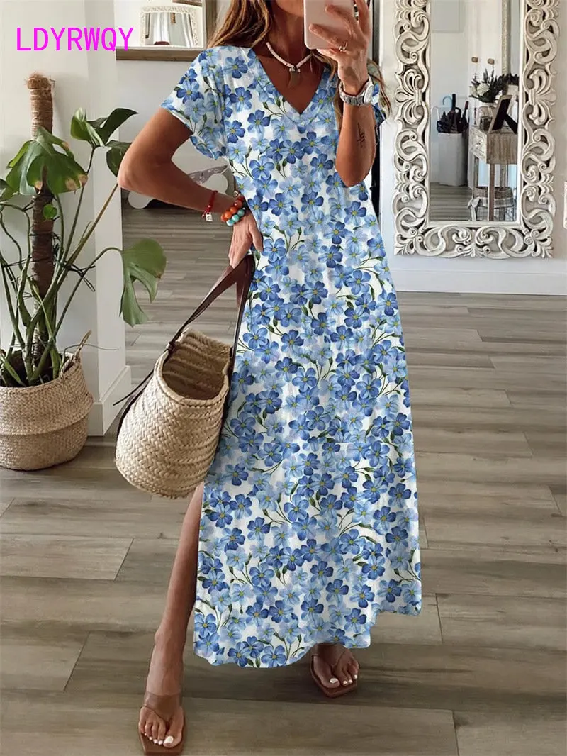 

2022 Summer Flower Print Short Sleeve V-Neck Long Dress Polyester