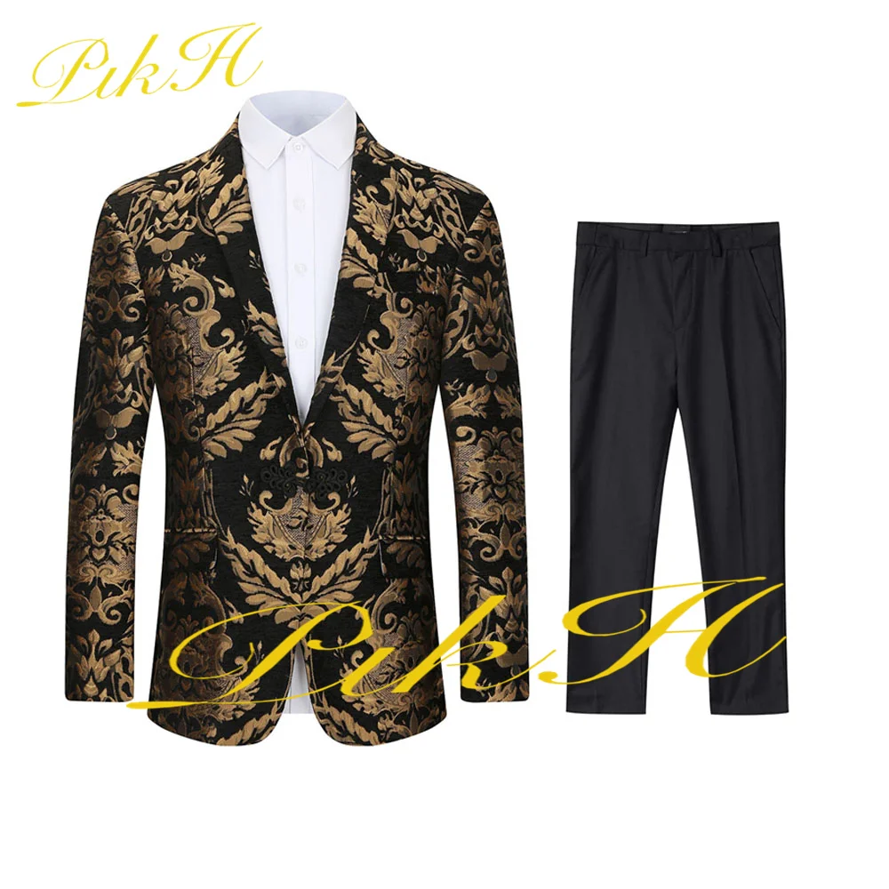 Boys Suit 2 Piece Gold Flower Jacket Pants Slim Fit Kids Wedding Tuxedo Party Dress Child Custom Blazer Set