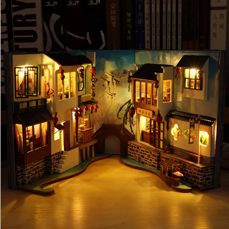 

Creative DIY Book Nook Shelf Insert Kits Miniature Dollhouse With Furniture Roombox Bookends Model Building Toys Gift Home Decor