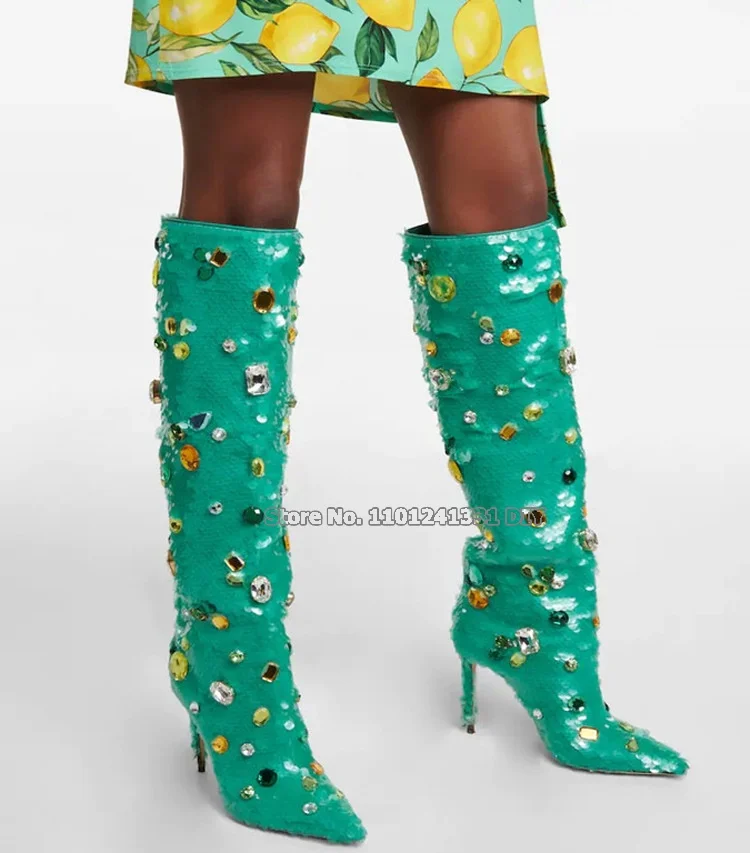 Colorful Gemstone Decor High Heel Knee High Boots Women Turquoise Green Thin High Heeled Pointy Toe Long Bota Feminina