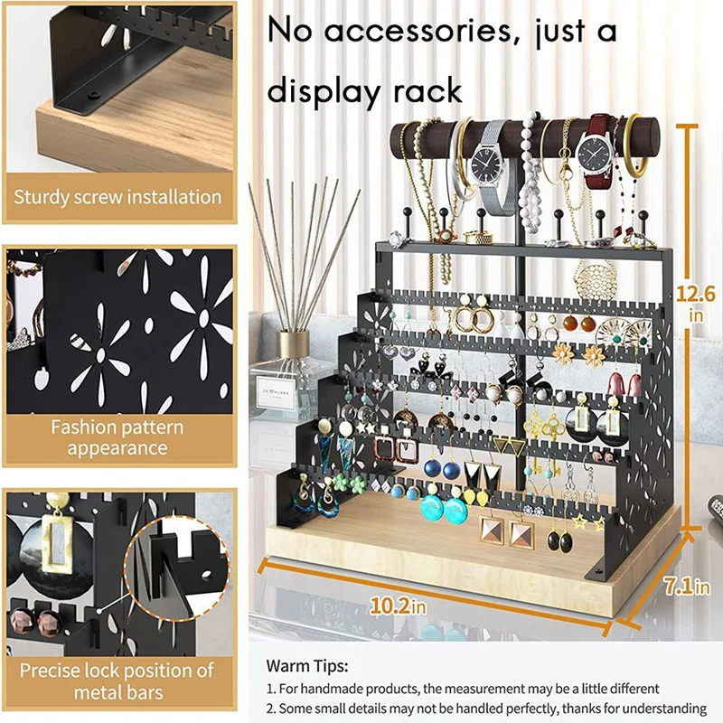 

Jewelry Organizer, 5-Tier Metal Earring Organizer With 325 Earring Holes, Wooden Necklace Holder,For Necklace Bracelet