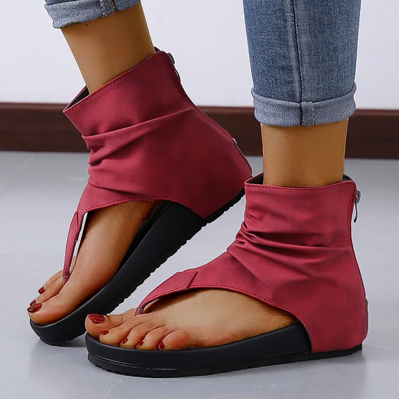 

Women Sandals Flat Shoes Artificial Leather Round Shape Back Zipper Solid Color Breathable Non Slip Ladies Casual