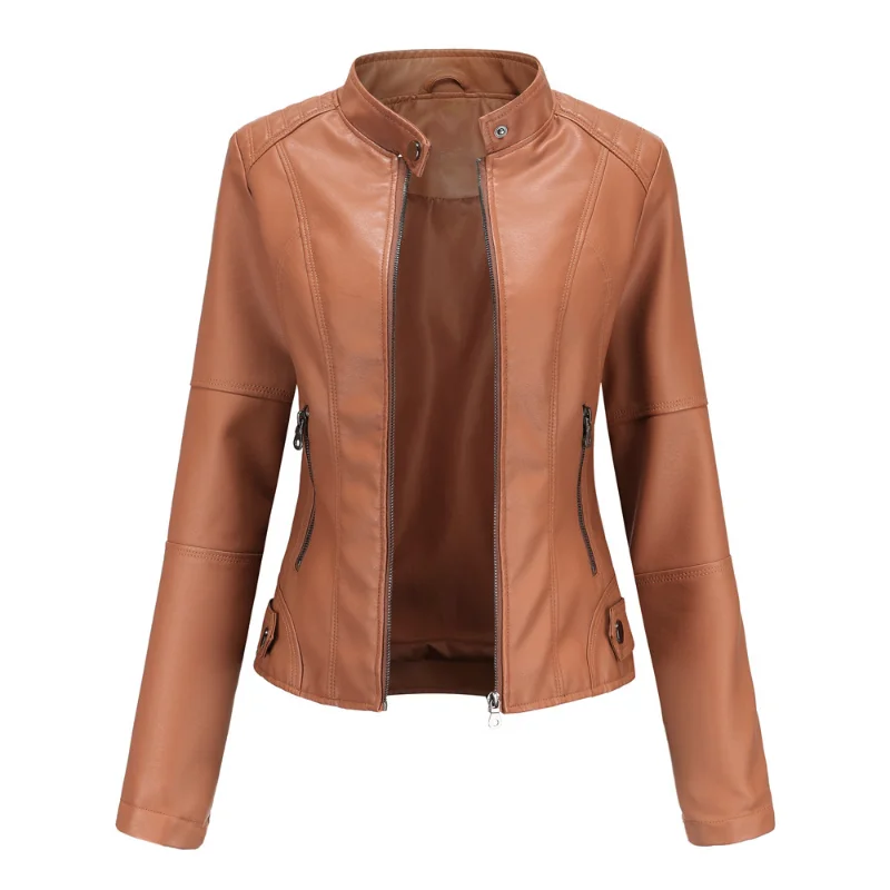 Thin Leather Jacket Slim Fit Motorcycle Suit Large Size Stand-up Collar Leather Jacket Women enlarge