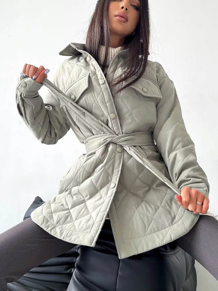 WeiYao Autumn Winter Parkas Long Sleeve Quilted Coats and Jackets for Women Warm Belt Trench Coats Down Jackets Clothes