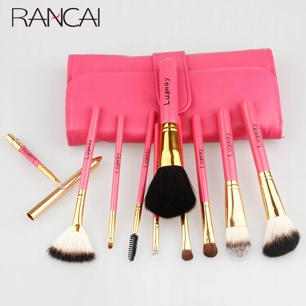 

RANCA 10pcs/set Fan Make Up Brush Rose Red Makeup Brushes Kits for Cosmetic Foundation Powder Blush Eye Shadow Kabuki Blending