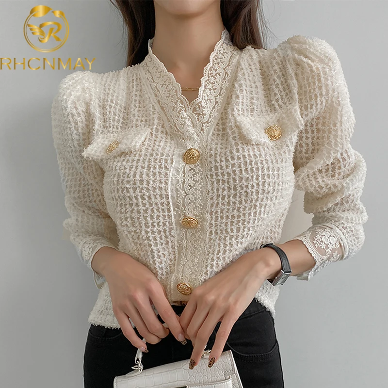 

New Spring Korean Sweet Clothes Lace Up Long Sleeve Women Blouses Fashion V Neck Ladies Tops Vintage Lace Shirts Female