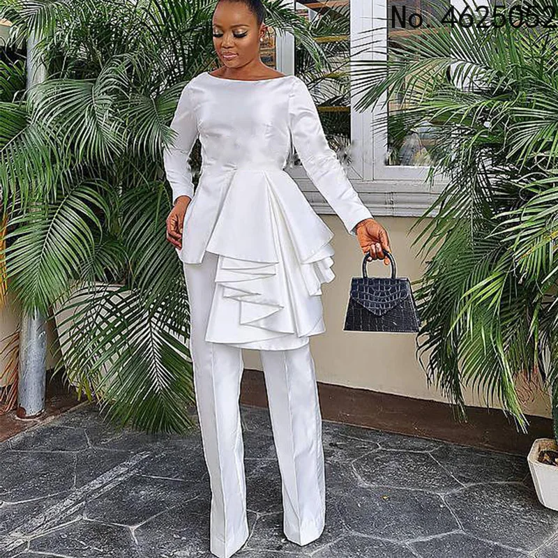 

Black White Polyester African Clothes Women Summer African Women Long Sleeve O-Neck Two Pieces Sets Top and Pant African Suit