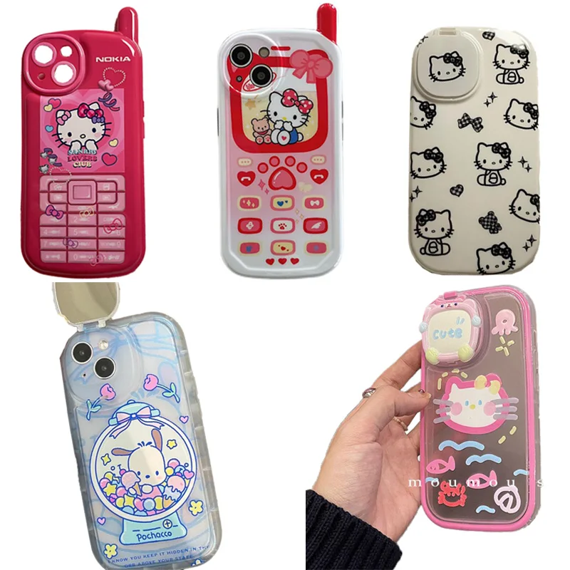

Милый чехол для телефона Sanrios Hellokittys помпон пурин понравико мультяшный флип маленькое зеркало чехол для Iphone аксессуары для девочек Подарки