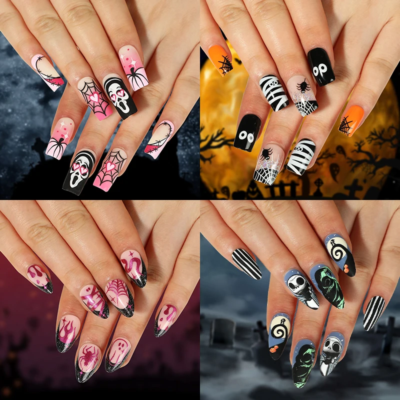 24PCS Halloween Short Almond Press on Nails Pumpkin Ghost Printed False Nails Coffin Full Cover Stick on Nail for Girl Gift