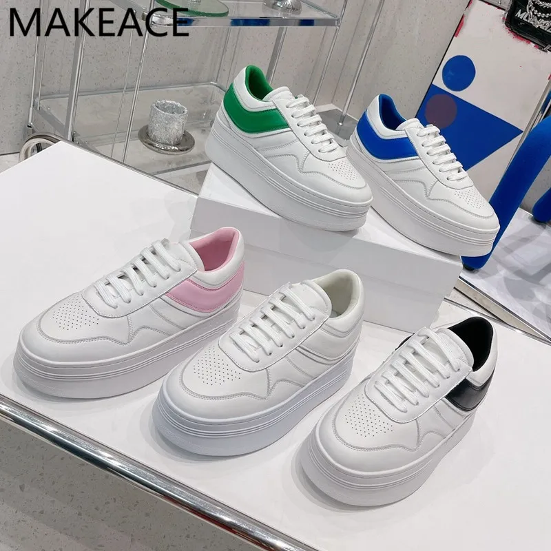 

Spring New Women Thick Sole Real Leather Round Toe Lace Up Small White Shoes Breathable Women's Sports Casual Shoes Ladies 2022