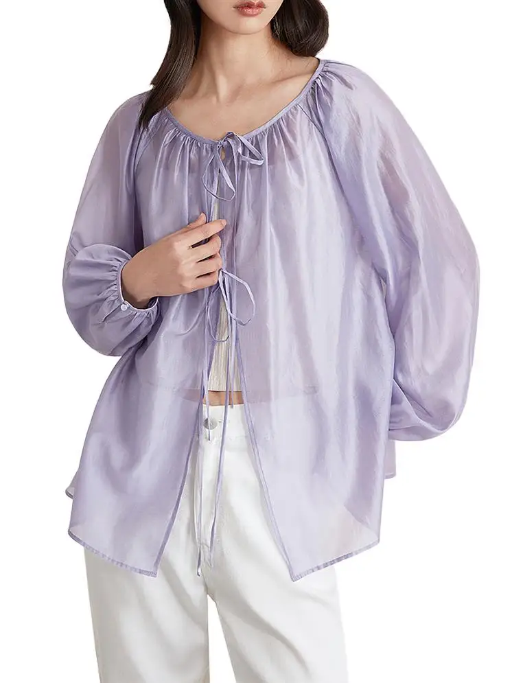 

Spring Rayon New Feminine Round Neck Design Sense Necklace Tie Shirts Solid Color Temperament Loose Fit Long Sleeve Thin Outwear