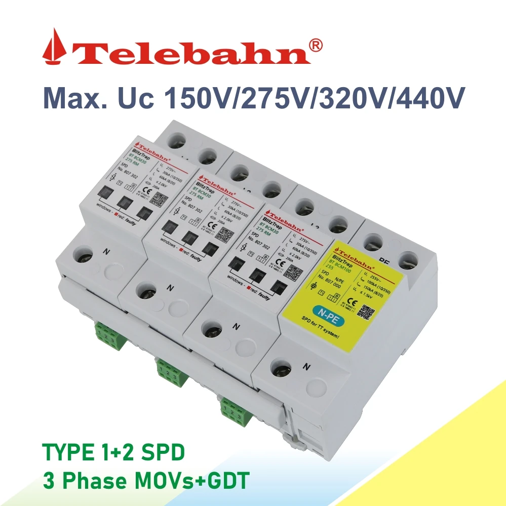 Фото AC SPD 275V T1+T2 30kA 3P+N Трехфазное устройство защиты от перенапряжения для основных распределительных плат №4
