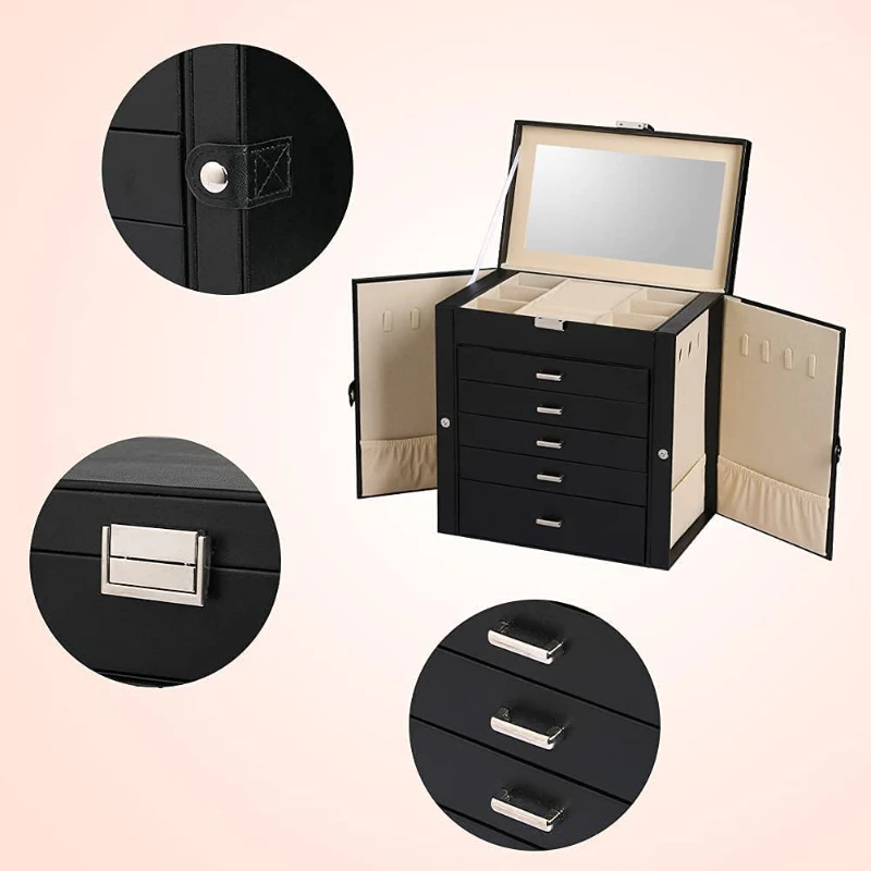 6 Layer Jewelry Storage Box Luxury PU Large Necklace Holder Bracelet Cabinet Earring Tray Ring Display Box with Lock Mirror