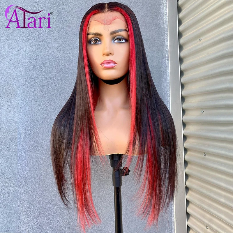 Colored 13x4 Lace Front Human Hair Wigs Ombre Red with Black Straight Lace Frontal Wig Pre Plucked Transparent 5x5 Closure Wig