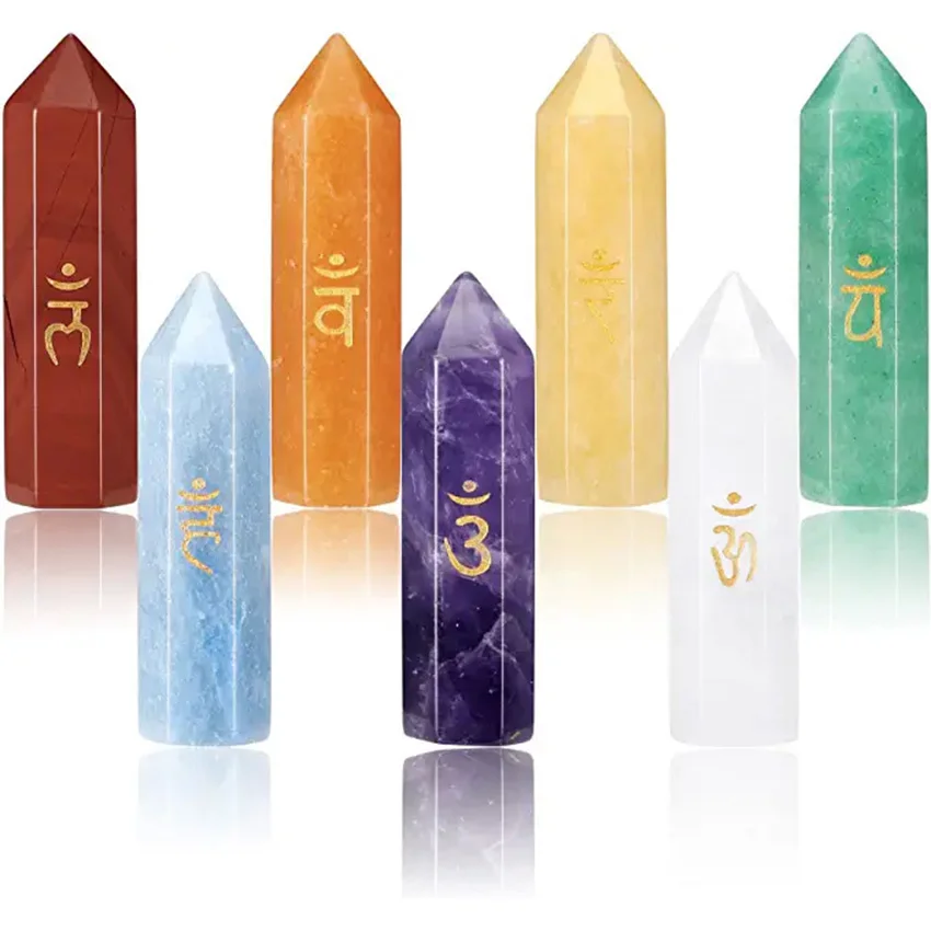 XSM 7 Chakra Symbol Crystal Stone Set Natural Hexagonal Prism Reiki Healing Crystal Stone for Yoga Meditation Balancing Set of 7
