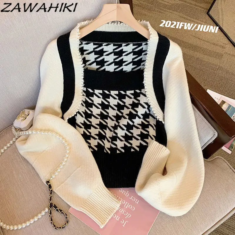 

ZAWAHIKI Patchwork Long Sleeve Pullover Contrast Color Spring Casual Square Collar Sweater Tops Elegant Gothic Female Sweaters