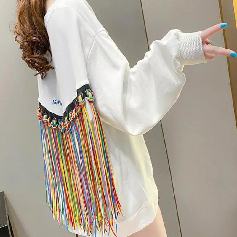 

Women Hoodies Black White Color Matching Irregular Tassel Hoodies Ladies Hoodie Long Sleeve Loose Casual 2022 Spring M248