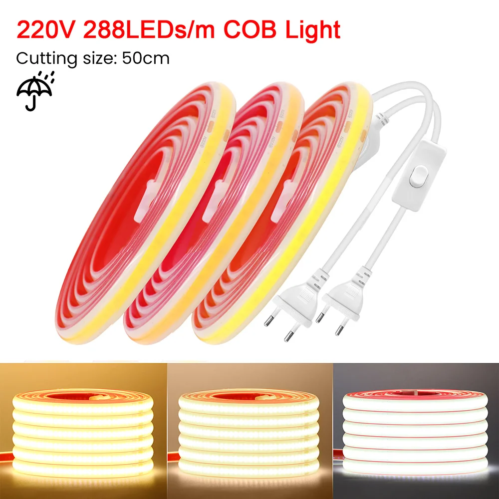 AC 220V COB Светодиодная лента Выключатель питания Комплект с клейкой лентой 288LED/м