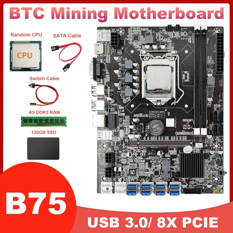 

Материнская плата с процессором 8 GPU B75 + Оперативная память 4G DDR3 + SSD 120G + кабель переключателя + кабель SATA 8 USB3.0(PCIE1X) LGA1155 DDR3 SATA3.0