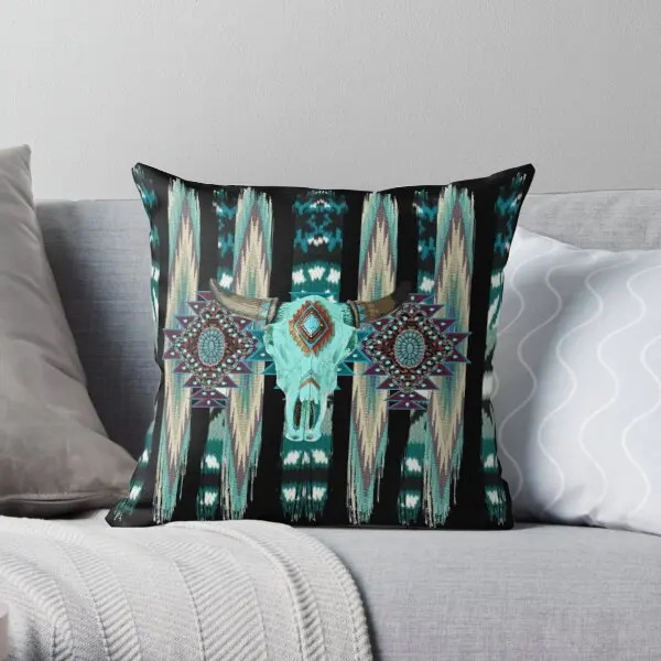 

Tribal Design With Cow Scull Turquois Printing Throw Pillow Cover Comfort Car Soft Fashion Anime Bedroom Pillows not include