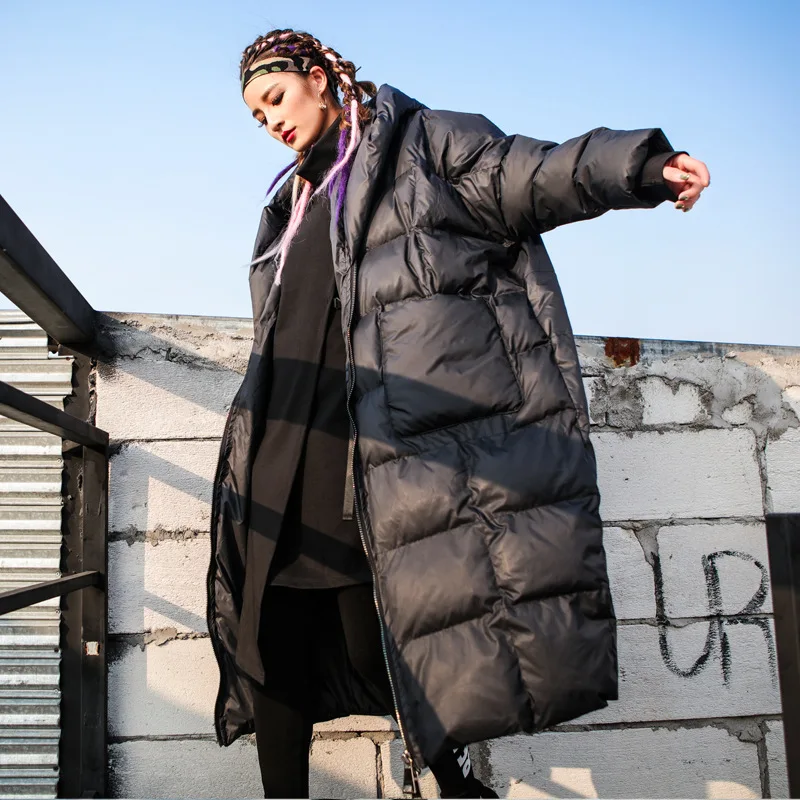 Coat Winter Loose Tooling Long Hooded Cotton-Padded Jacket New Padded Jacket Over The Knee Thickened Cotton-Padded Jacket Women