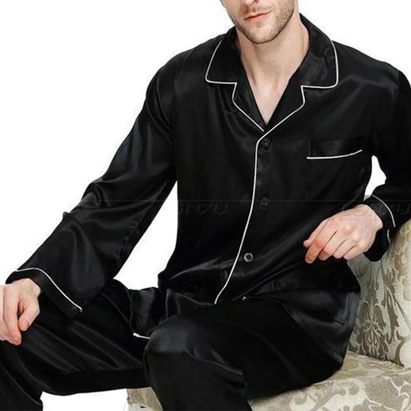 Мужская шелковая ночная рубашка с отложным воротником, Топ с длинным рукавом и длинные брюки, пижамный комплект, одежда для сна для весны и о... от AliExpress RU&CIS NEW