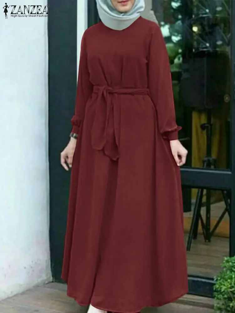 Модное женское мусульманское платье ZANZEA с длинным рукавом, однотонное Макси-платье, абайя, хиджаб, винтажное платье цзилбаб, Дубай, турецкая...