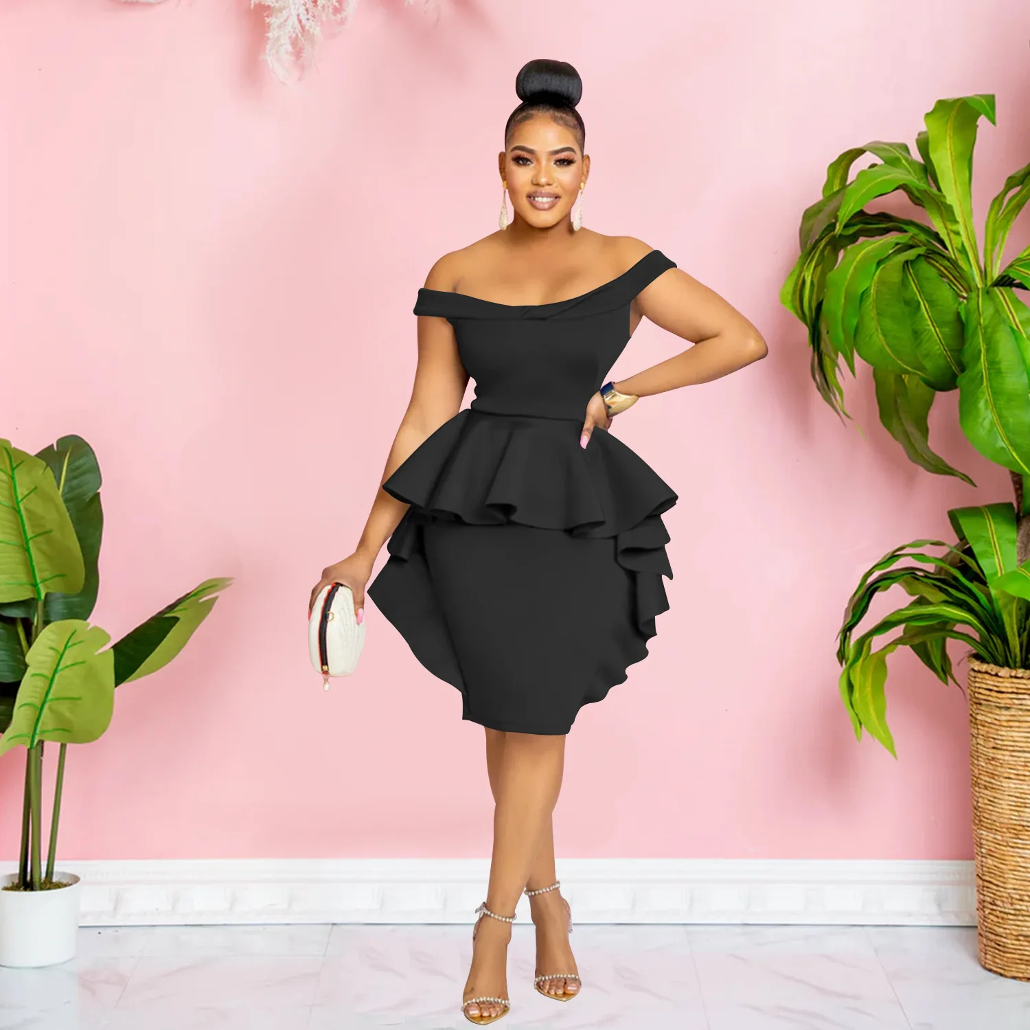 

Summer Solid Color Irregular Design Ruffles Slim Hip Wrap Fashion Dress Off Shoulder Sexy Elegant Women Office Patchwork Dress