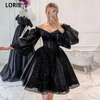 lorie black short evening dresses 2022 formal gliiter tulle prom party gowns strapless puff sleeves a line beach princess dress